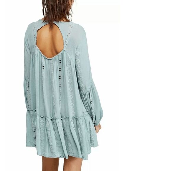 Free People Kiss Kiss Light Teal Boho Tunic Flowy Eyelet Dress Large - Picture 10 of 10
